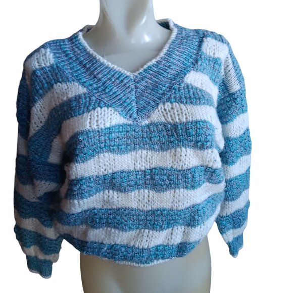 Women's Medium Preppy Sweater Vintage Oversize V-Neck Striped Valley girl 80s - Picture 2 of 7